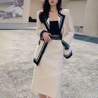 Set: Collared Two-tone Cardigan + Midi A-line Skirt