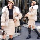 Set: Furry Trim Hooded Padded Jacket + Padded Skirt