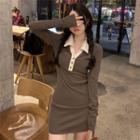 Long-sleeve Mini Bodycon Polo Dress Coffee - One Size