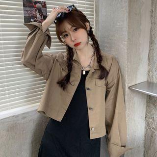 Plain Long-sleeve Jacket Coffee - One Size