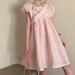 Plain Puff-sleeve A-line Dress Pink - One Size