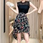 Set: Lace Tank Top + Ruffle Trim Floral Midi A-line Skirt