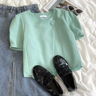 Puff-sleeve Asymmetrical Plain Jacket Aqua Blue - One Size