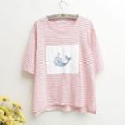 Elbow-sleeve Striped Whale Print T-shirt