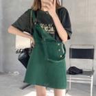 Elbow-sleeve Lettering T-shirt / Plain Mini Overall Dress