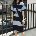 Set: Striped Short-sleeve Knitted Polo Shirt + Midi Skirt