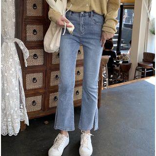 V-neck Long-sleeve Top / Crop Straight Fit Jeans