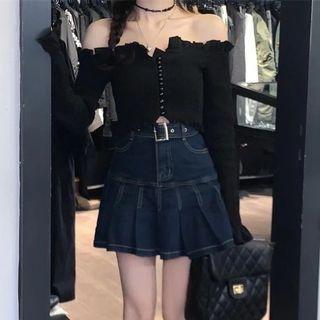 Off-shoulder Ruffle Blouse / Denim Mini Pleated Skirt / Belt / Set