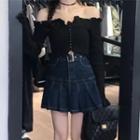Off-shoulder Ruffle Blouse / Denim Mini Pleated Skirt / Belt / Set