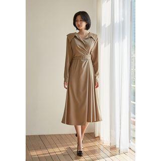 Wide-collar Belted Midi Wrap Dress