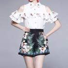 Set: Short-sleeve Cold Shoulder Frill Trim Blouse + Shorts