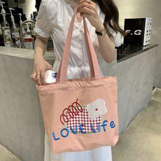 Embroidered Canvas Tote Bag Blue Lettering - Pink - One Size