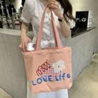 Embroidered Canvas Tote Bag Blue Lettering - Pink - One Size