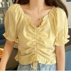Short-sleeve Ruched Front Frilled Trim Plain Top