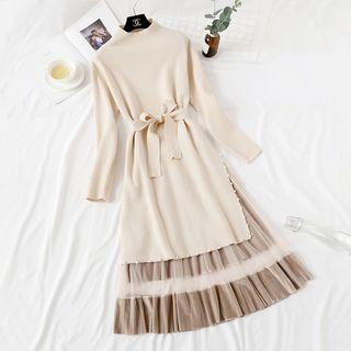 Set: Faux Pearl Long-sleeve Knit Dress + Mesh A-line Skirt