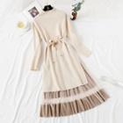 Set: Faux Pearl Long-sleeve Knit Dress + Mesh A-line Skirt