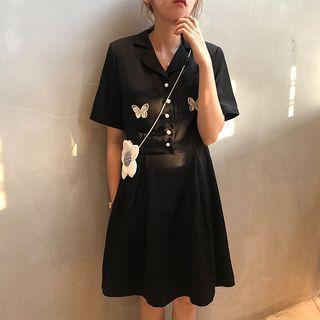 Butterfly Embroidered Short-sleeve A-line Dress Black - One Size