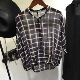 Window Pane 3/4 Sleeve Chiffon Blouse