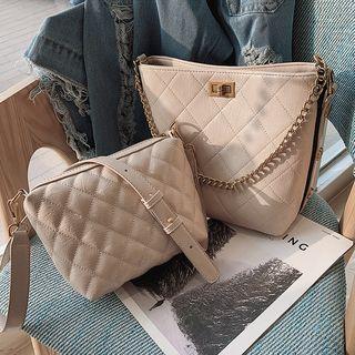 Set: Quilted Faux Leather Bucket Bag + Pouch