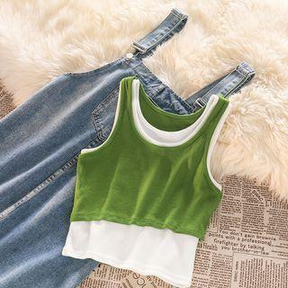 Mock Two-piece Tank Top / Denim Overall Dress