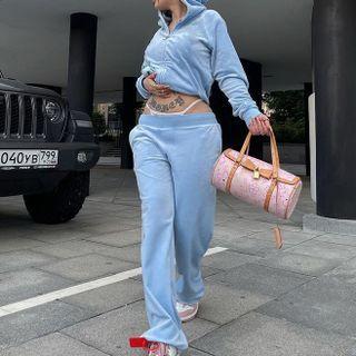 Set: Rhinestone Lettering Cropped Zip-up Hoodie + Straight Leg Pants