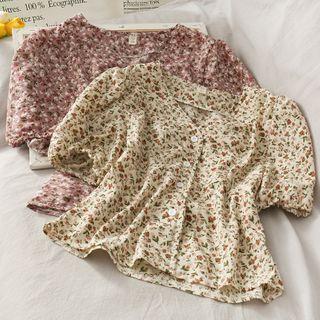 Puff-sleeve Floral V-neck Shirt