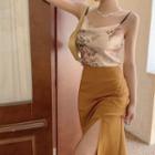 Floral Camisole Top / Plain Slit Midi Pencil Skirt