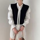 Tie-neck Long-sleeve Mini Shirtdress / Knit Vest