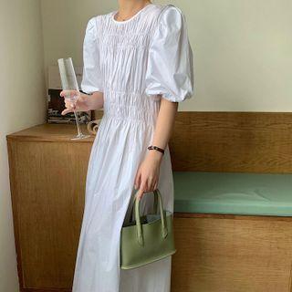 Lantern-sleeve Plain Shirred Loose Fit Dress