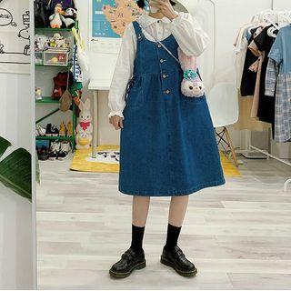 Single-breasted Denim Jumper Skirt Light Blue - One Size
