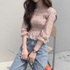 Elbow-sleeve Floral Print Square-neck Blouse