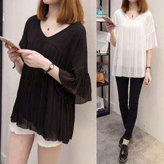 Accordion Pleated Elbow-sleeve V-neck Chiffon Top