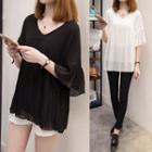 Accordion Pleated Elbow-sleeve V-neck Chiffon Top
