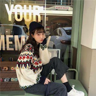 Snow-flower Crewneck Long-sleeve Sweater Sweater - One Size