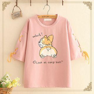 Lace-up Detail Dog Print Short-sleeve Top