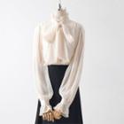 Bell-sleeve Ribbon Tie-neck Blouse / Midi A-line Skirt / Set