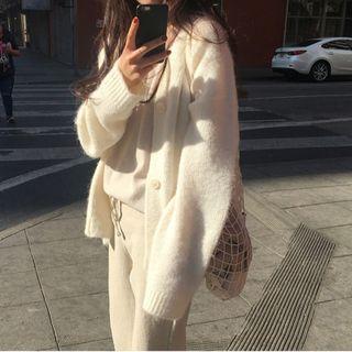 V-neck Plain Cardigan White - One Size