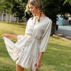 3/4 Sleeve Buttoned Linen A-line Dress
