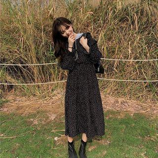 Flared-cuff Dotted Midi A-line Dress