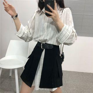 Long Sleeve Striped Shirt / Open Front Skirt