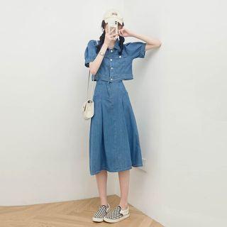 Washed Denim Cropped Top / High-waist Washed Denim A-line Skirt