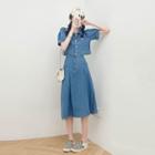 Washed Denim Cropped Top / High-waist Washed Denim A-line Skirt