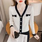 Faux Pearl Button V-neck Contrast Trim Cardigan