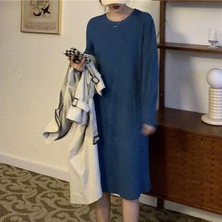 Long-sleeve Plain Midi Shift Dress