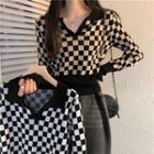 Collared Checkerboard Knit Crop Top