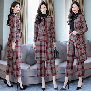 Set: Round Neck Plaid Coat + Wide-leg Pants