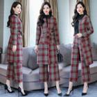 Set: Round Neck Plaid Coat + Wide-leg Pants