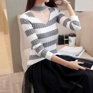 Set: Cutout Neckline 3/4 Sleeve Striped Knit Top + Tulle Skirt