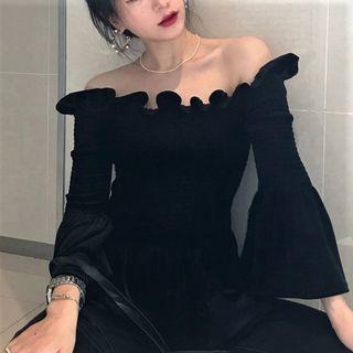 Bell-sleeve Ruffled Off-shoulder Velvet Top Black - One Size