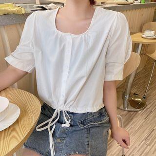 Puff-sleeve Square-neck Drawstring Crop Top